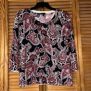 Talbots Dark Blue & Dark Red Paisley Print 3/4 sleeve Button Front Cardigan XL